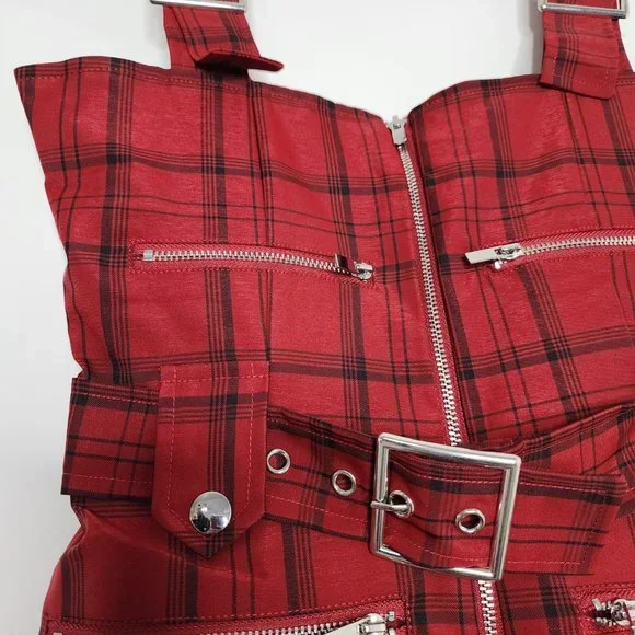 WeWoreWhat Y2K Plaid Moto Jumpsuit Overalls Stretch Buckle Adjustable Straps Red - Picture 7 of 9